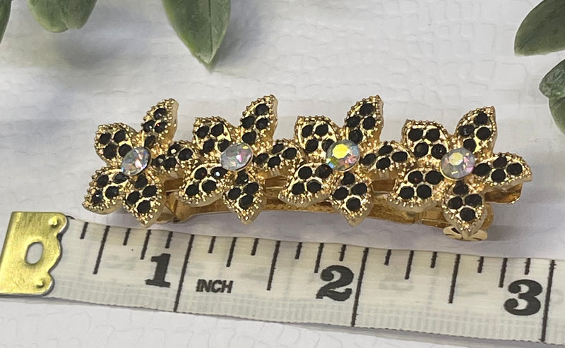 Black Crystal rhinestone flower star barrette approximately 3.0” gold  tone formal hair accessories gift wedding bridesmaid