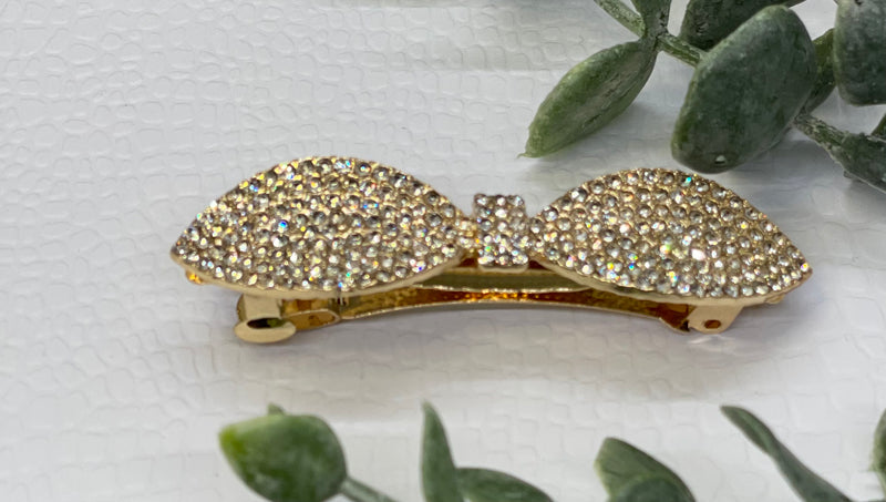 Gold bow Crystal rhinestone barrette approximately 3.0” gold tone formal hair accessories gift wedding bridesmaid