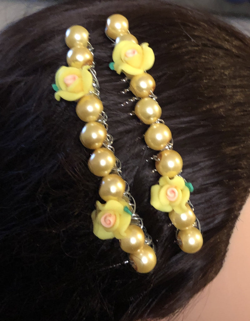 Yellow Flower Beads Silver Tone Side Comb 2pc Set