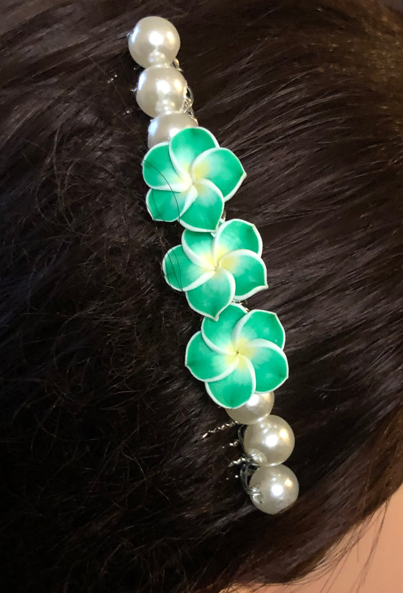 Green Yellow Flower White Beads Tone Side Comb 1pc