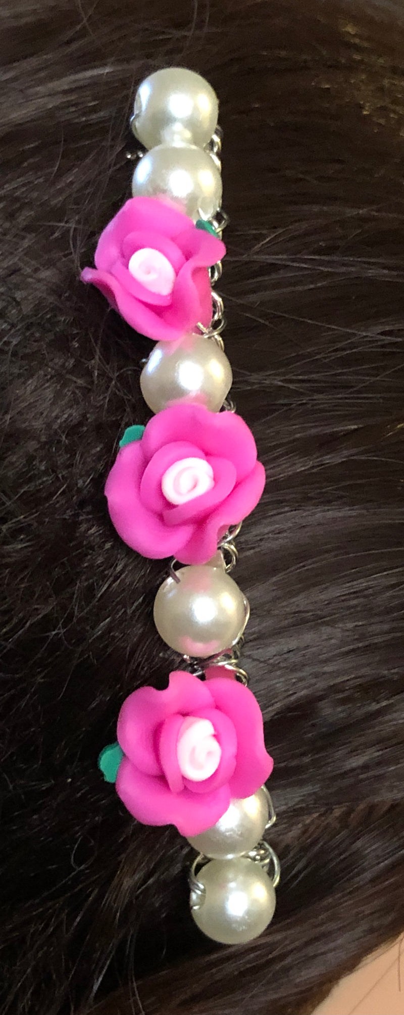 Pink Flowers White Beads Silver Tone Side Comb 1pc