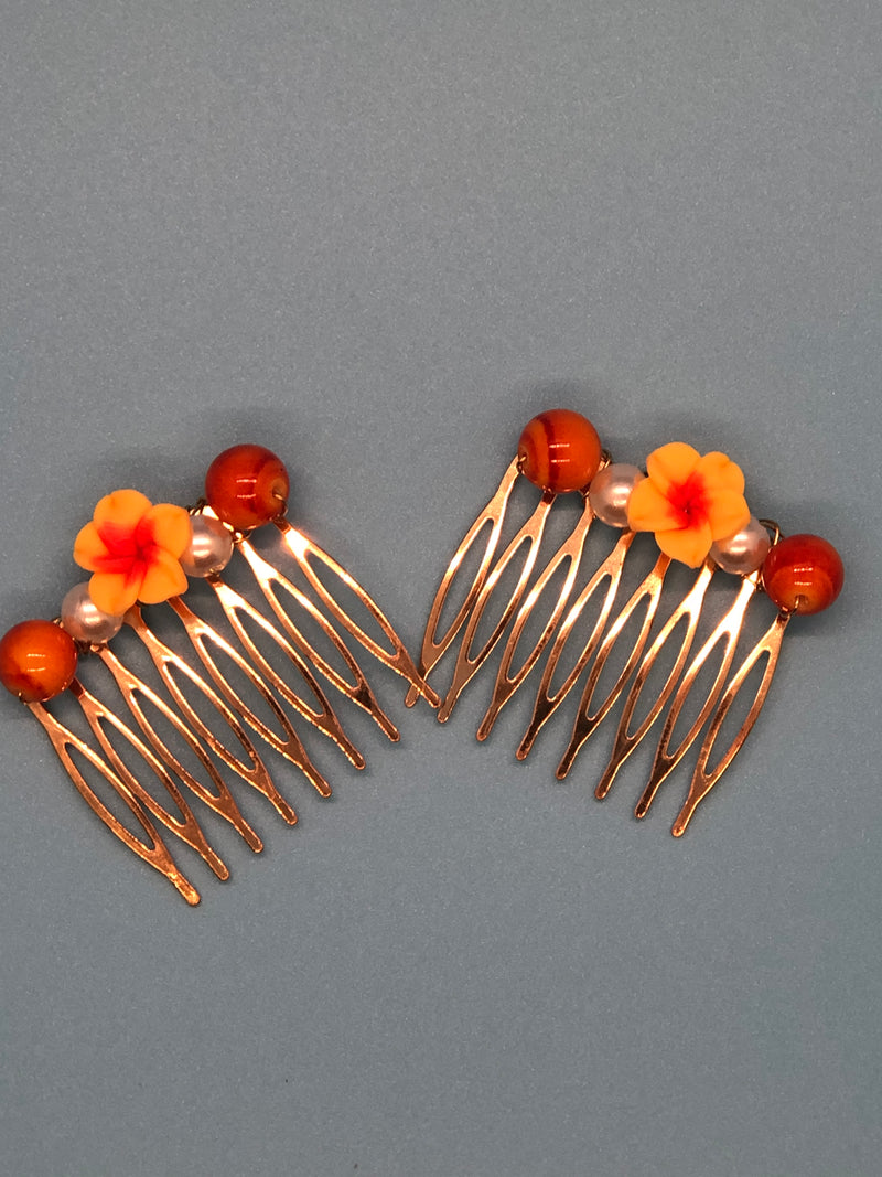 Orange Flower Beaded Hair Comb Retro Bridal Wedding Party Prom