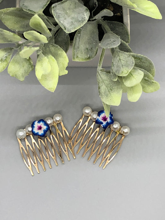 Blue White Purple Flower Beaded Hair 2.0'Comb Retro Bridal Wedding Party Prom 2 pc set