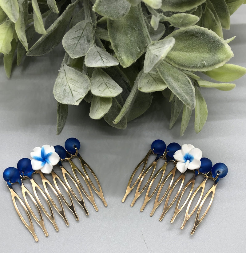 Navy Blue White Flower Beaded Hair 2.0' Comb Retro Bridal Wedding Party Prom 2pc set