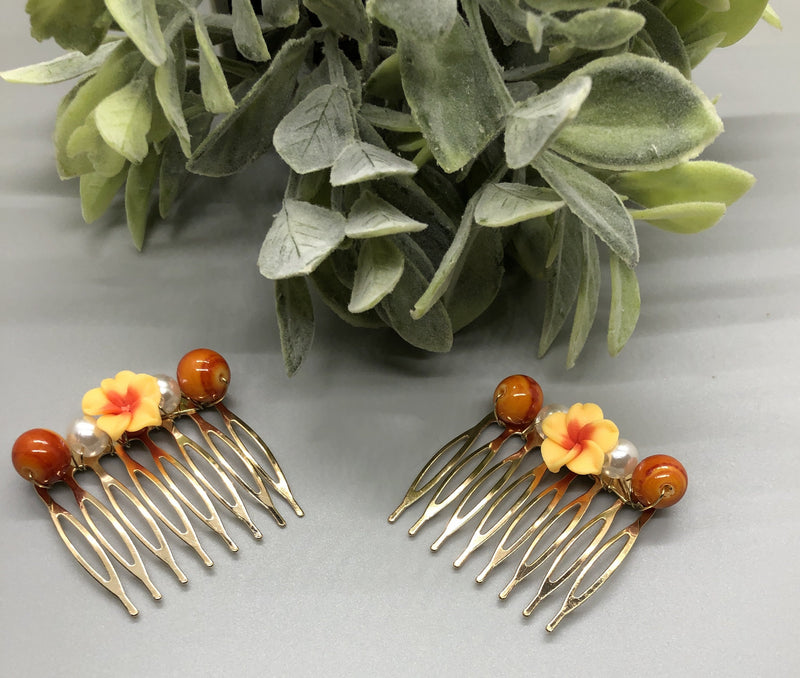 Orange Flower White Orange Beaded Hair 2.0' Comb Retro Bridal Wedding Party Prom 2 pc set