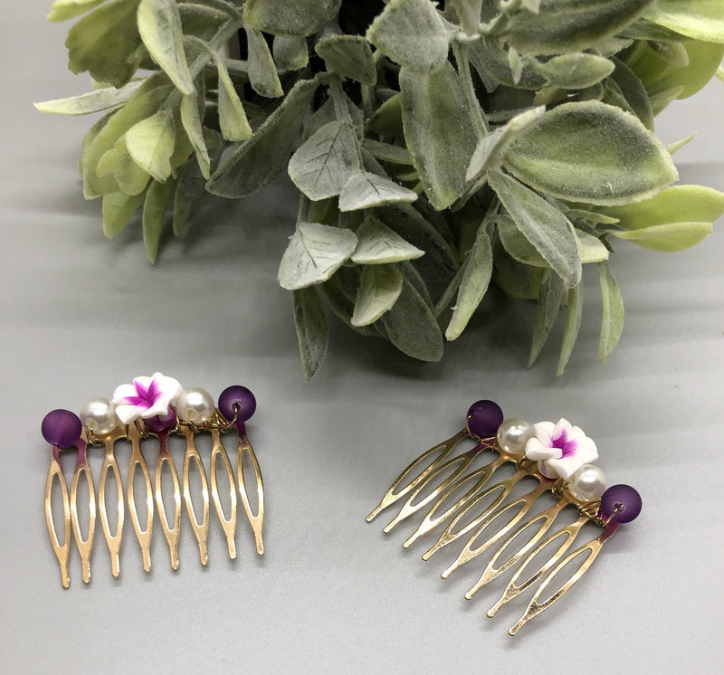 Purple White Flower Beaded Hair Comb Retro Bridal Wedding Party Prom