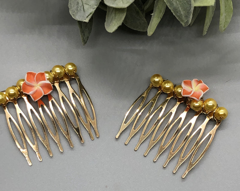 Orange Flower Yellow Beaded Hair Comb Retro Bridal Wedding Party Prom