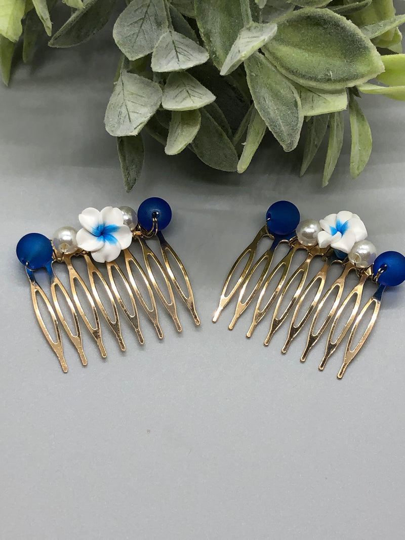 Blue White Flower Navy Blue Beaded Hair 2.0'Comb Retro Bridal Wedding Party Prom 2 pc set