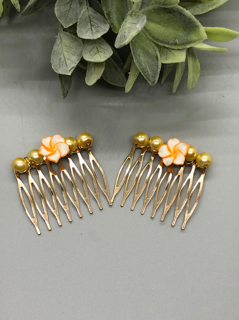 Orange White Flower Yellow Beaded Hair 2.0' Comb Retro Bridal Wedding Party Prom 2 pc set