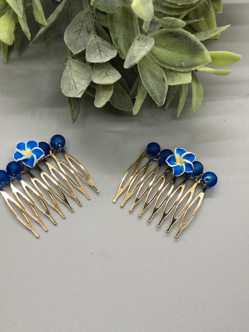 Blue White Flower Blue Beaded Hair 2.0' Comb Retro Bridal Wedding Party Prom 2 pc set