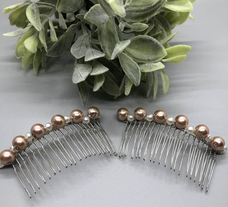 Pink Blush White Beaded Hair Comb 3.5'' Silver Tone  Comb 2pc set Retro Bridal Prom Wedding Party