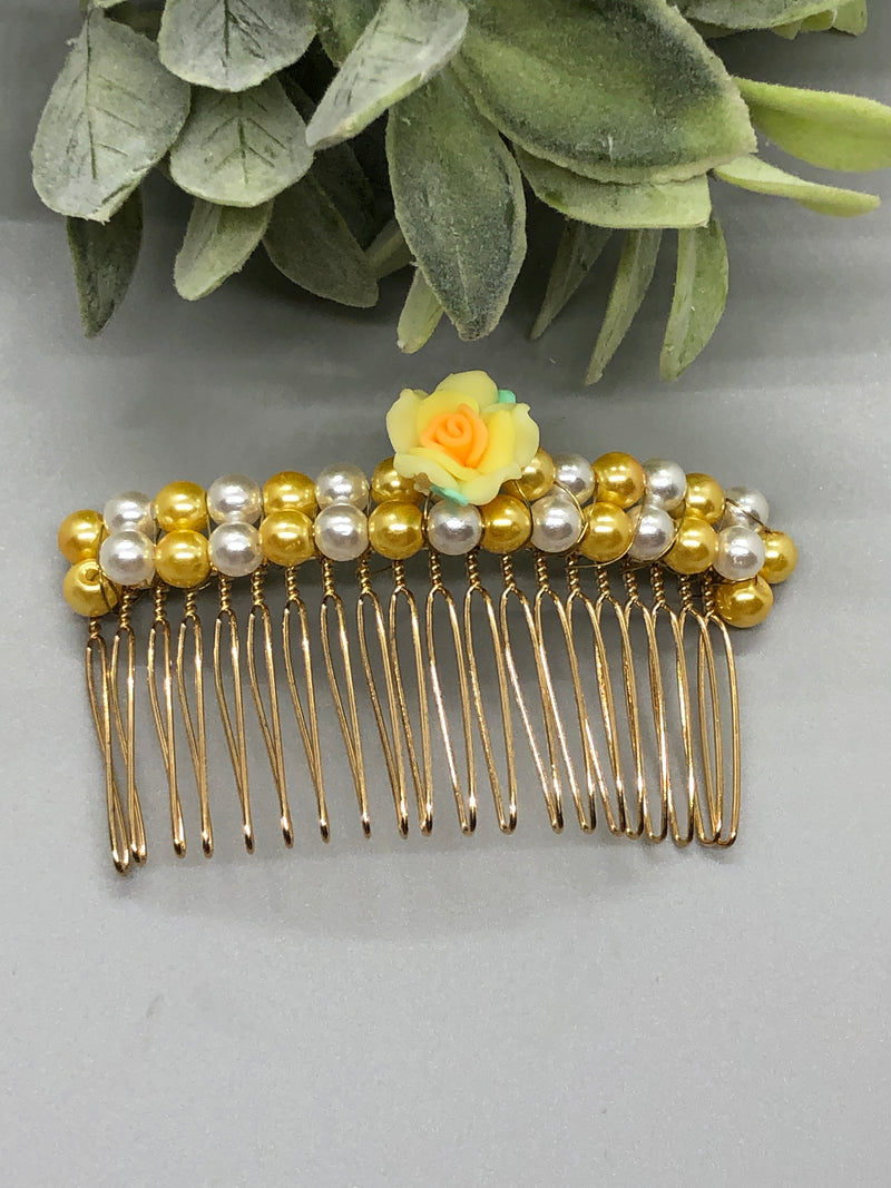 Yellow White Flower Beaded 2 Rows Hair Comb 3.5' Gold Comb Retro Bridal Prom Wedding Party