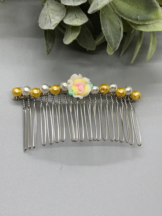 Yellow White Flower Beaded Hair Comb 3.5' Silver Comb  Retro Bridal Prom Wedding Party