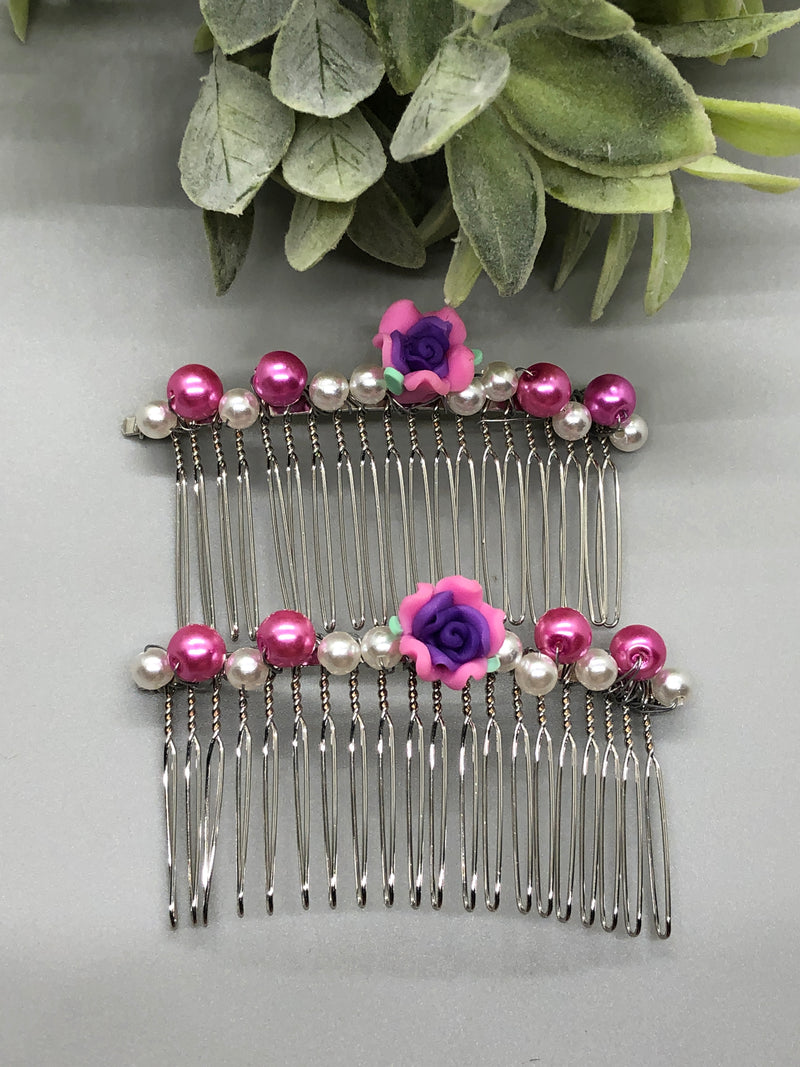 Pink Purple Flower White Pearl Beaded Hair Clip Comb Retro 2 Piece Set