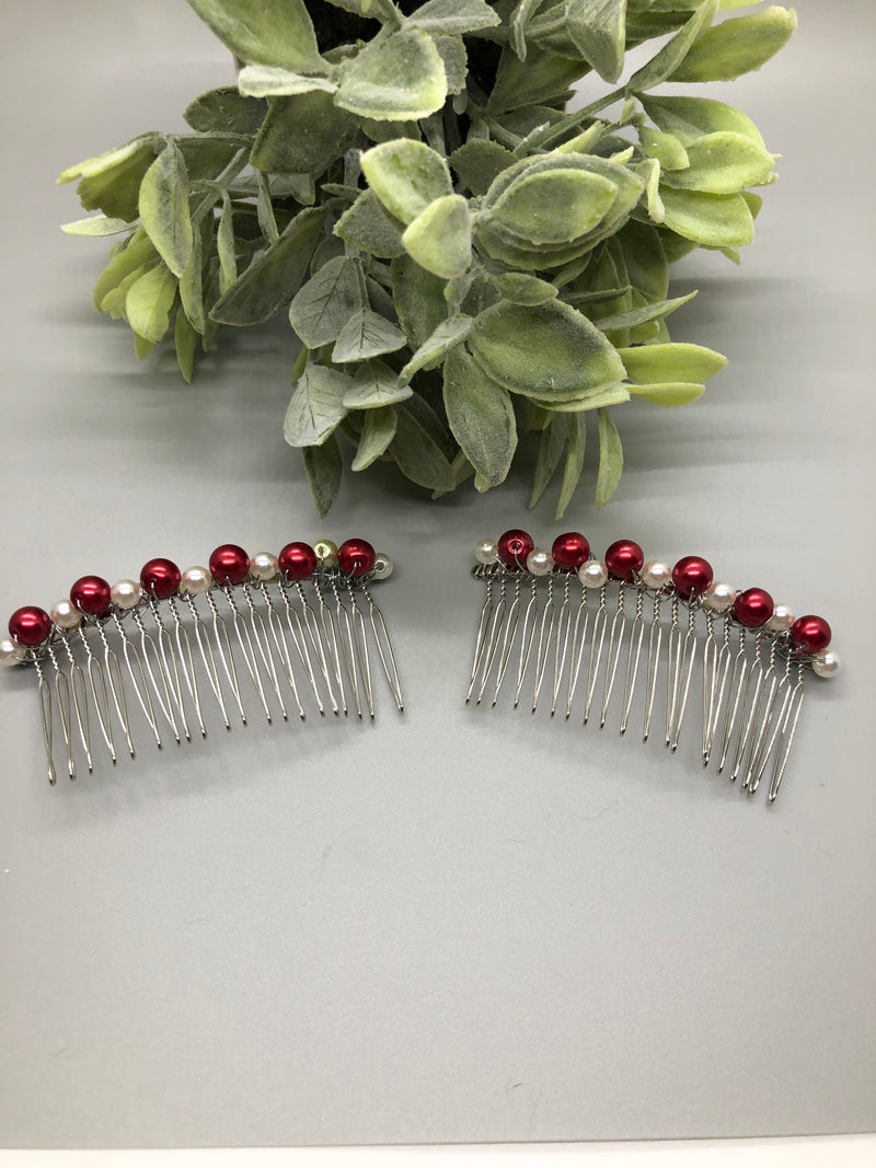 Ruby Red White Pearl Beaded Hair Comb Retro wedding Party Prom  2 Piece Set