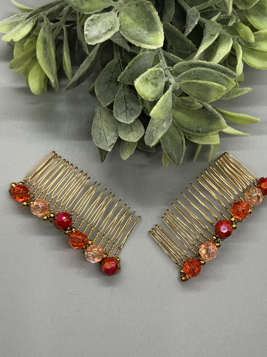 Hot Pink Pink Gold  Beaded Hair Comb 3.5'' Gold Tone Comb Retro Bridal Prom Wedding Party