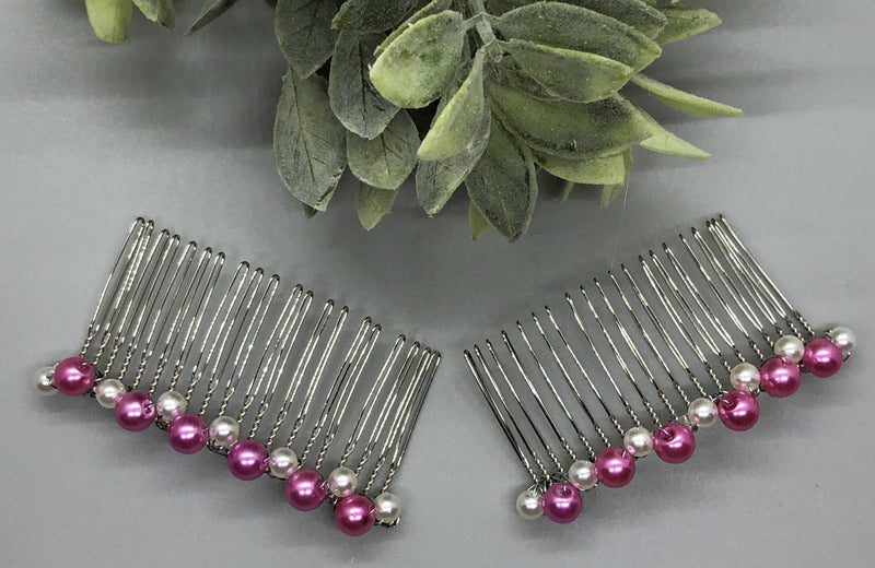 Hot Pink White Beaded Hair Comb 3.5'' Silver Tone Comb 2pc set Retro Bridal Prom Wedding Party