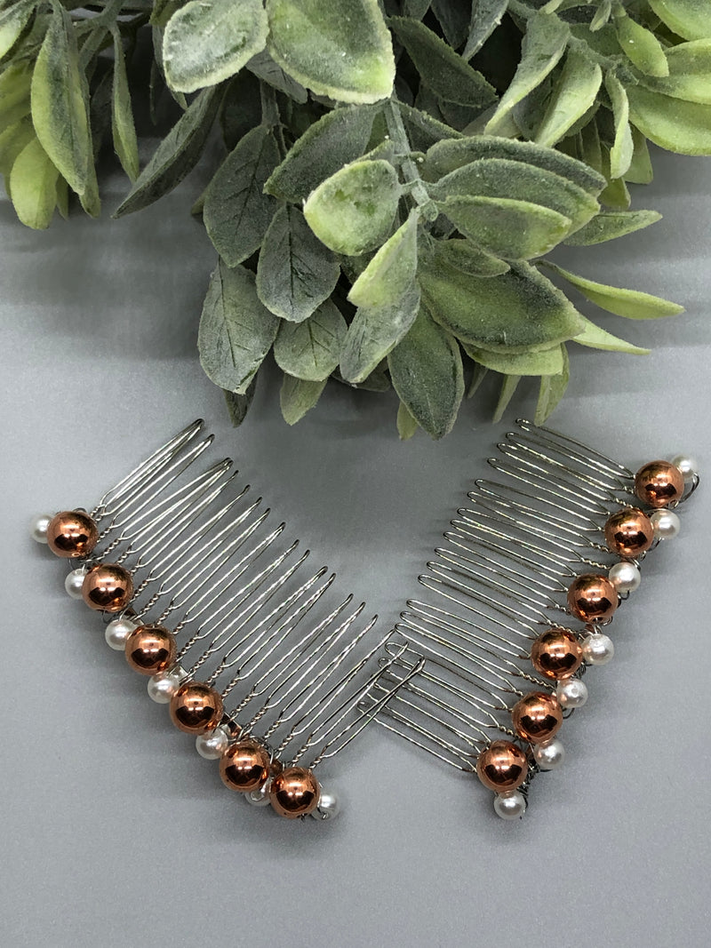 Copper Metallic White Beaded Hair Comb 3.5'' Silver Tone Comb 2pc set Retro Bridal Prom Wedding Party