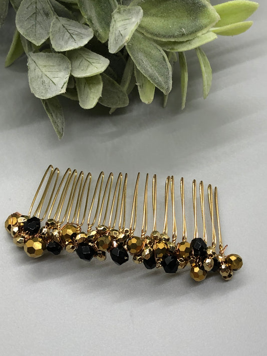 Black Gold Beaded Hair Comb 3.5''  Gold Tone  Comb  Retro Bridal Prom Wedding Party