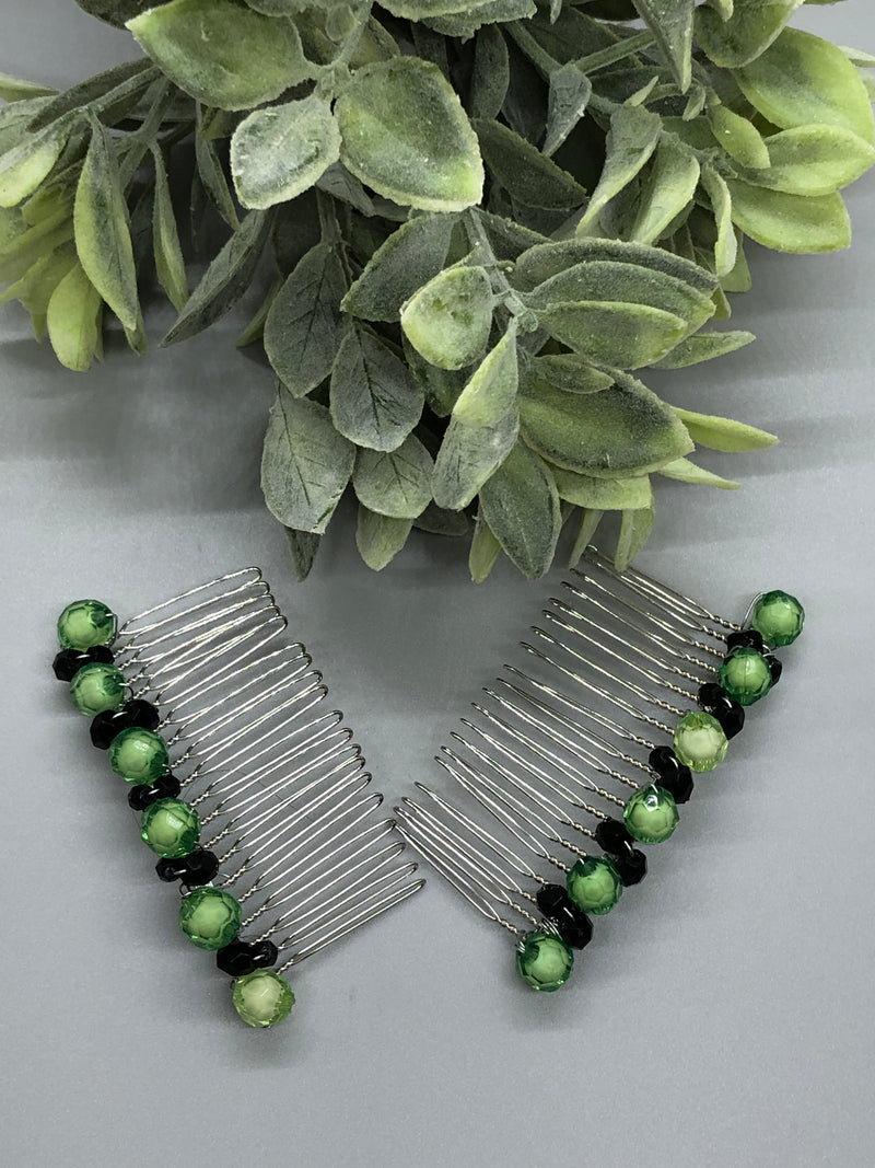 Lime Green Black Beaded Hair Comb 2pc Set Retro Bridal Wedding Party