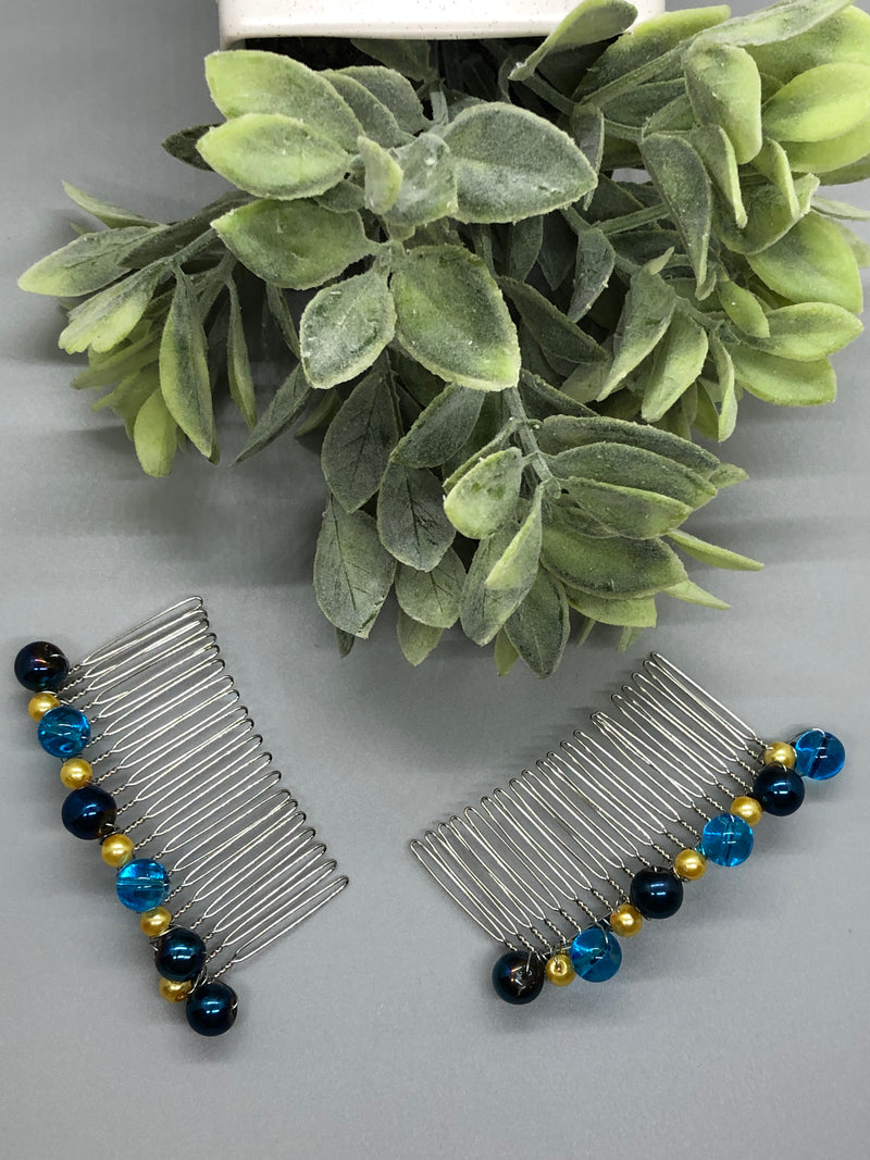 Blue Gold Beaded Hair 3.5'Comb Retro Bridal Wedding Party Prom 2pc Set