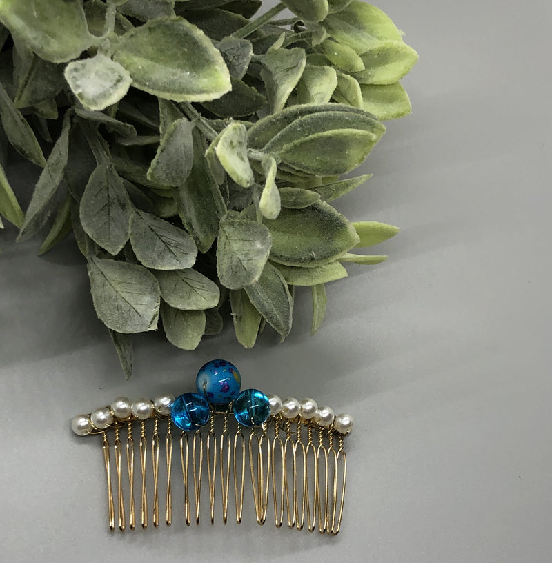 Blue White Marbel ball Beaded Hair Comb Retro Bridal Wedding Party Prom