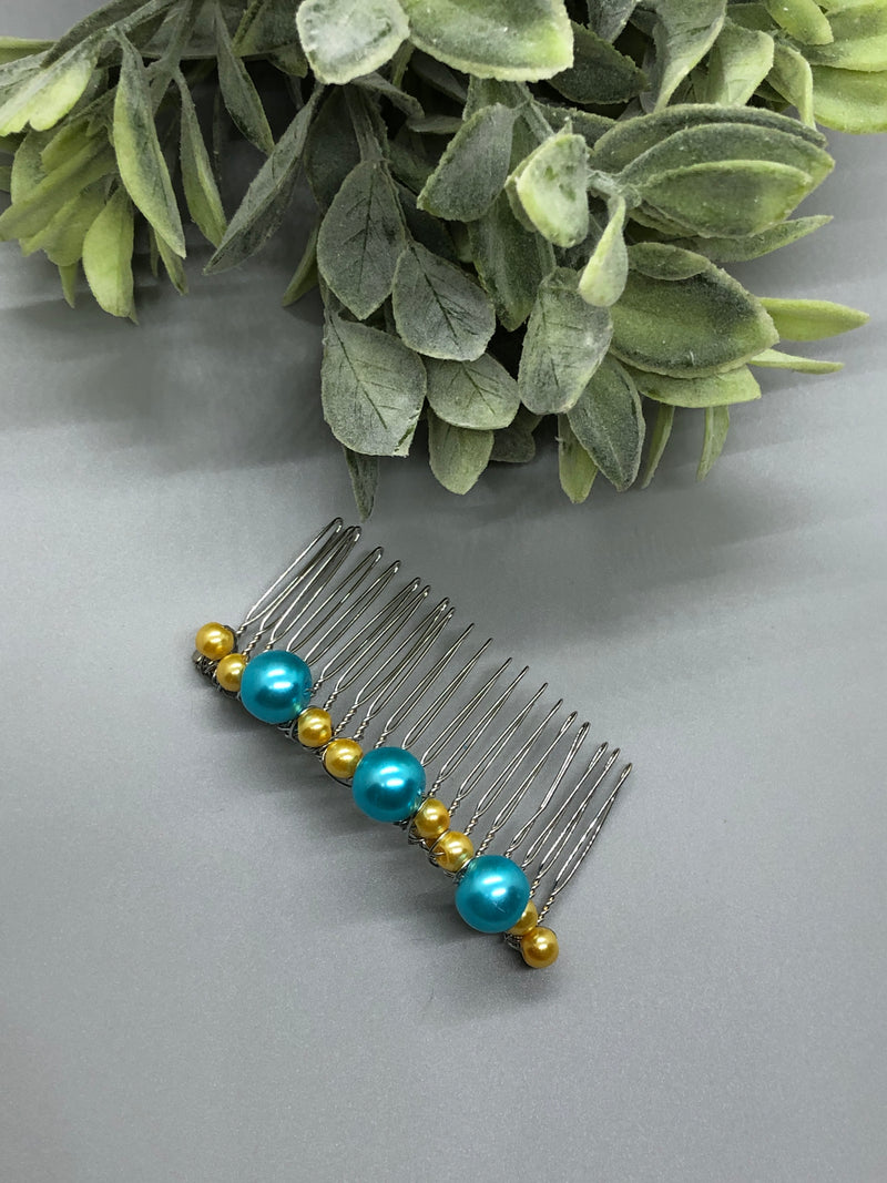 Blue Gold Beaded Hair 3.5' Comb Retro Bridal Wedding Party Prom