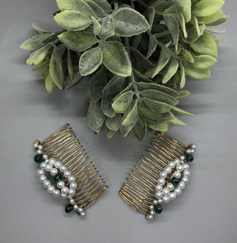 Emerald Green White Beaded Hair Comb 3.5''  Gold Tone  2pc Set Comb  Retro Bridal Prom Wedding Party