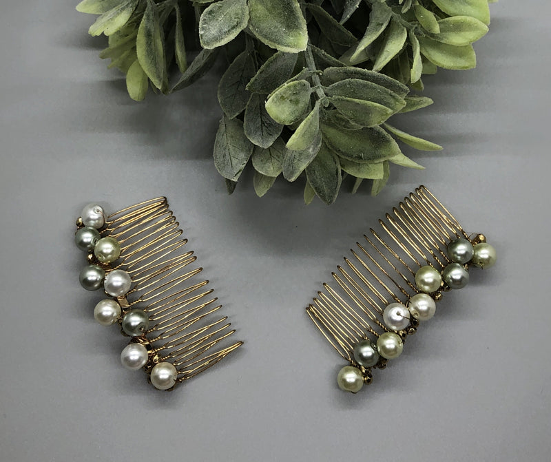 Gold Gray White Metallic Beaded Hair Comb 3.5'' Gold  Tone Comb 2pc set Retro Bridal Prom Wedding Party