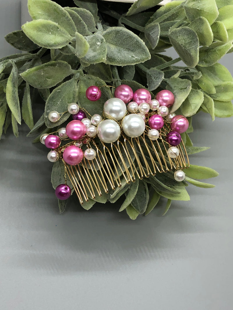 White Purple Pink Pearl Beaded Hair  Vine Clip 3.5' Gold Metal Comb Retro Vintage Style Wedding Prom Bridal Party