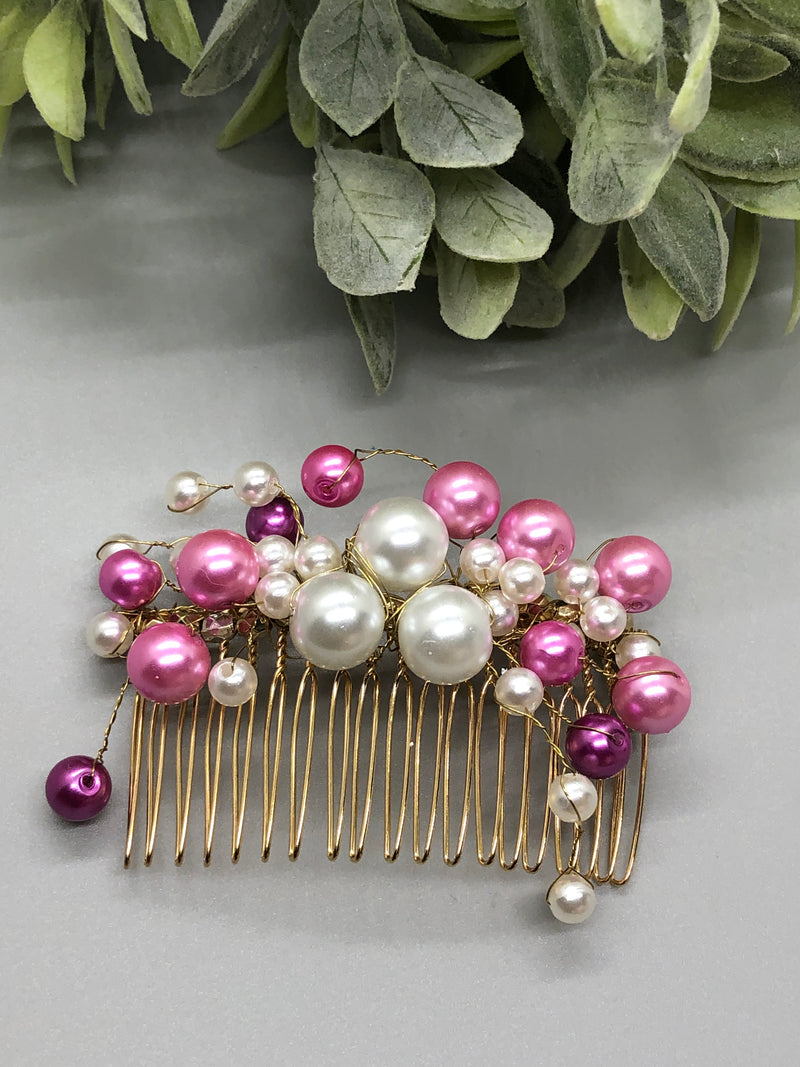 White Purple Pink Pearl Beaded Hair  Vine Clip 3.5' Gold Metal Comb Retro Vintage Style Wedding Prom Bridal Party