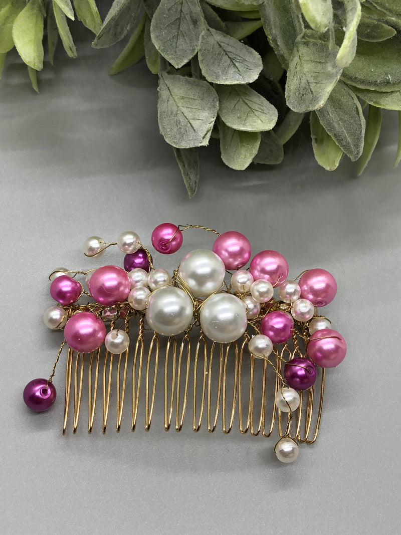 White Purple Pink Pearl Beaded Hair  Vine Clip 3.5' Gold Metal Comb Retro Vintage Style Wedding Prom Bridal Party