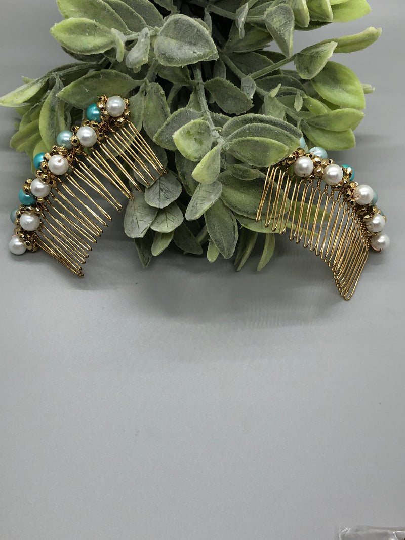 Teal Blue White Gold Beaded Comb Gold Tone 3'5 Metal Comb Retro Bridal Prom Wedding Party