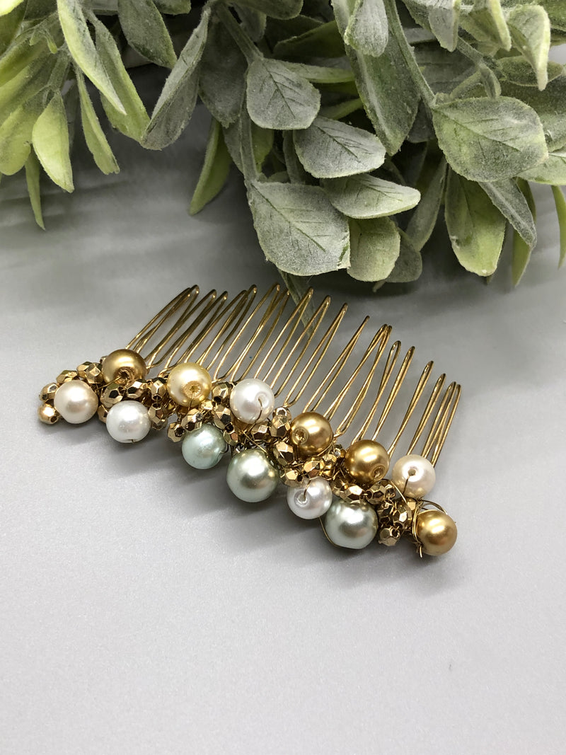 Gold White Gray Metallic Beaded Hair Comb 3.5' Gold Comb  Retro Bridal Prom Wedding Party