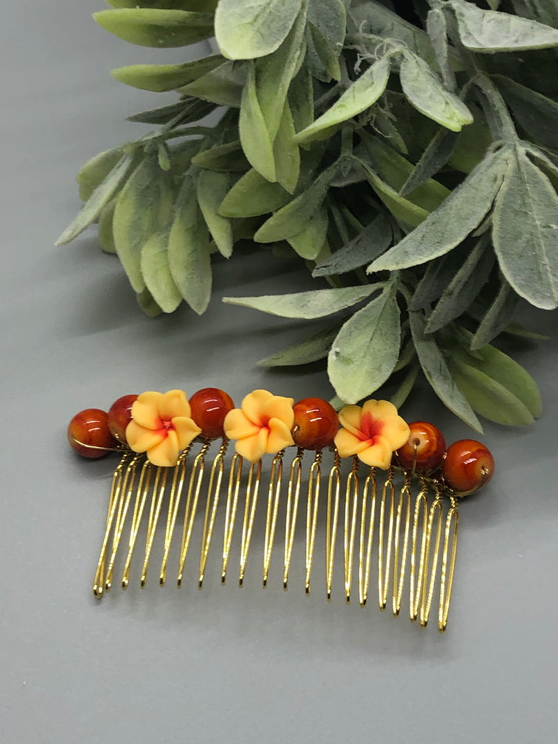 Yellow Coral Flower Beads Gold Tone Side Comb 2pc Set