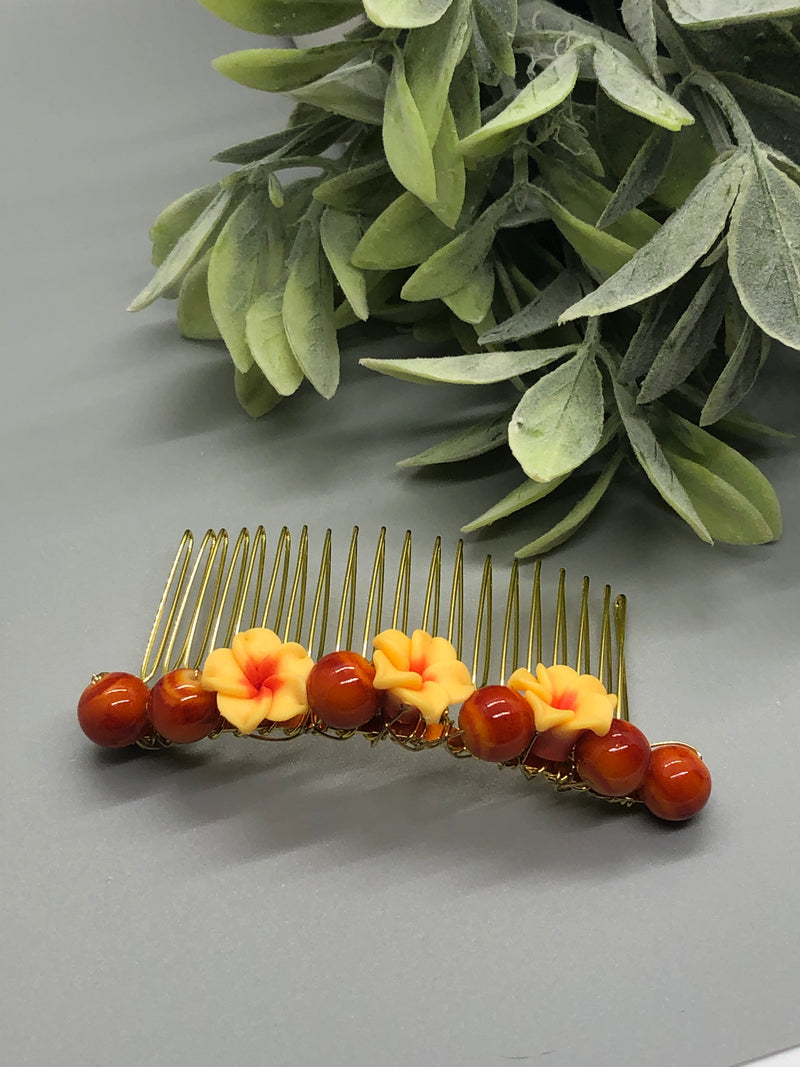 Yellow Coral Flower Beads Gold Tone Side Comb 2pc Set