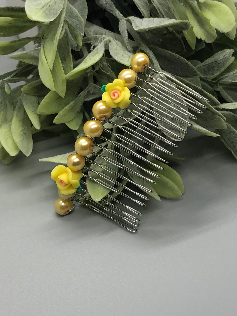 Yellow Flower Beads Silver Tone Side Comb 2pc Set