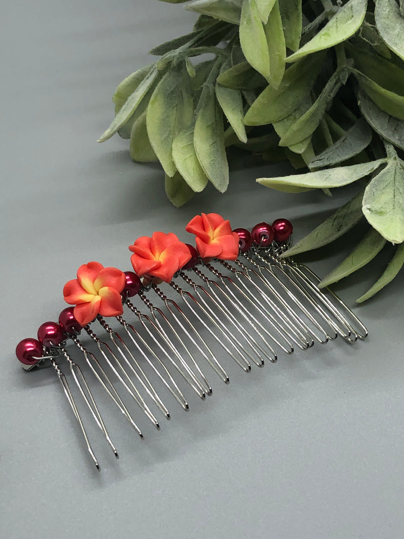 Red Coral  Yellow Flower Beads Silver Tone Side Comb 2pc Set