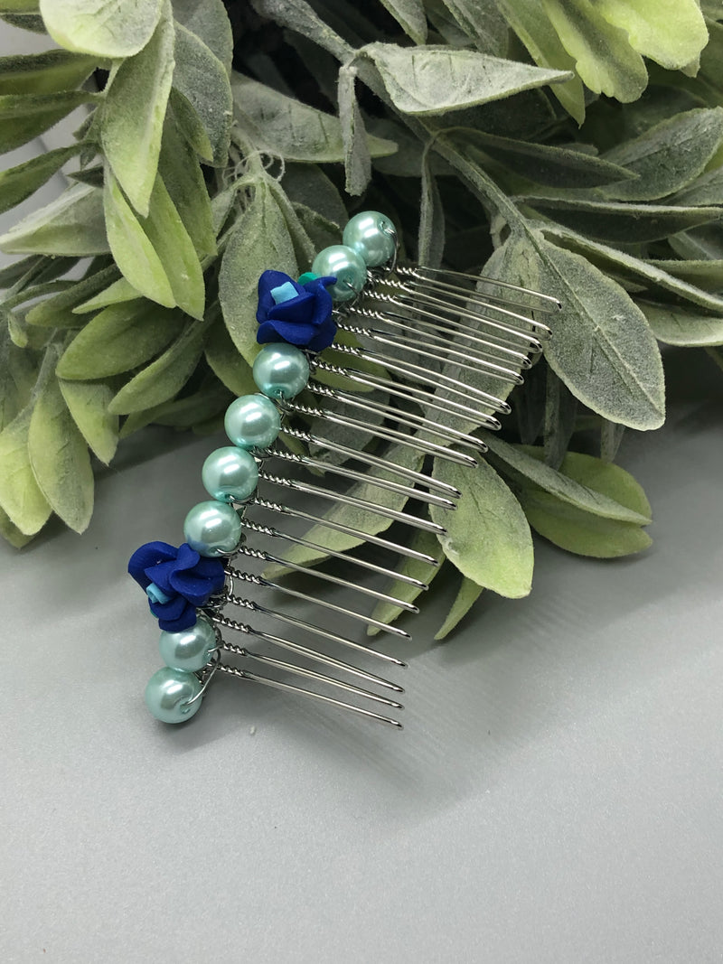 Blue Flower Light Blue Beads Tone Side 3.5' Comb 1 Pc