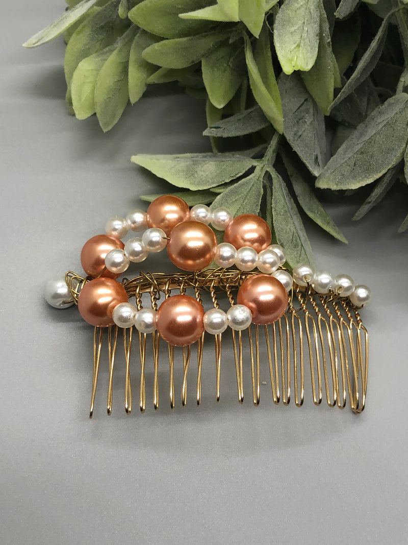 Peach White Large Beads  Side Hair Comb Gold Metal Hair 3.5" Hair Comb Retro Vintage Style 1 pc