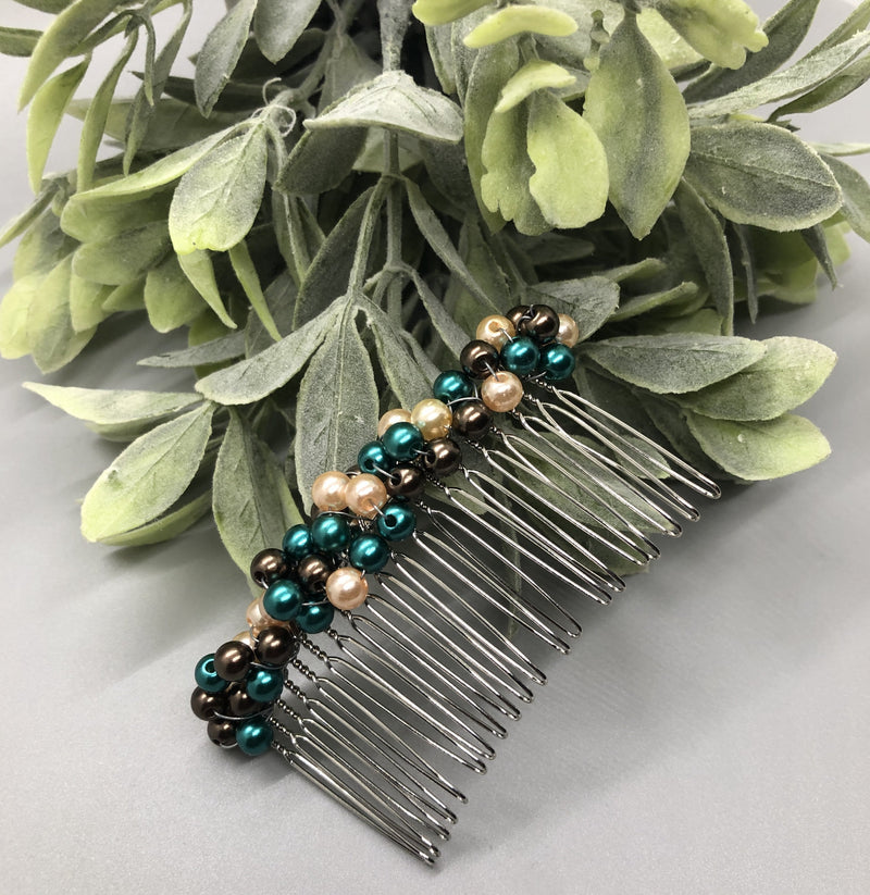 Teal Pink Deep Purple Beaded  Side Hair Comb Silver Metal Hair 3.5" Hair Comb Retro Vintage Style 1 pc