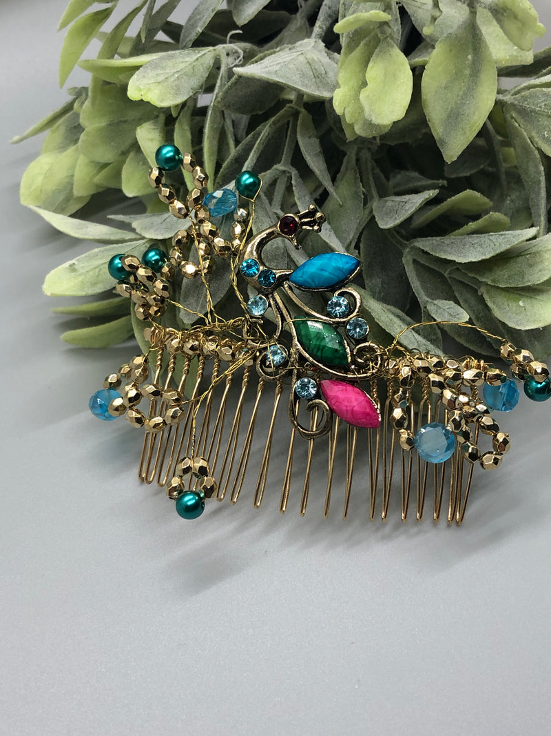 Peacock Teal Pink Gold  Vines Hair Comb 3.5' Gold Comb Retro Bridal Prom Wedding Party