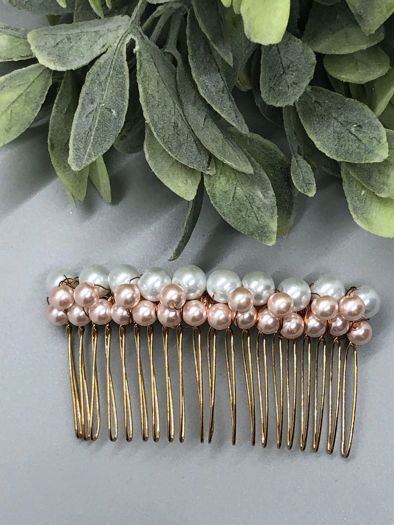 White Pink Beaded Hair Comb 3.5'' Gold Tone  Comb Retro Bridal Prom Wedding Party