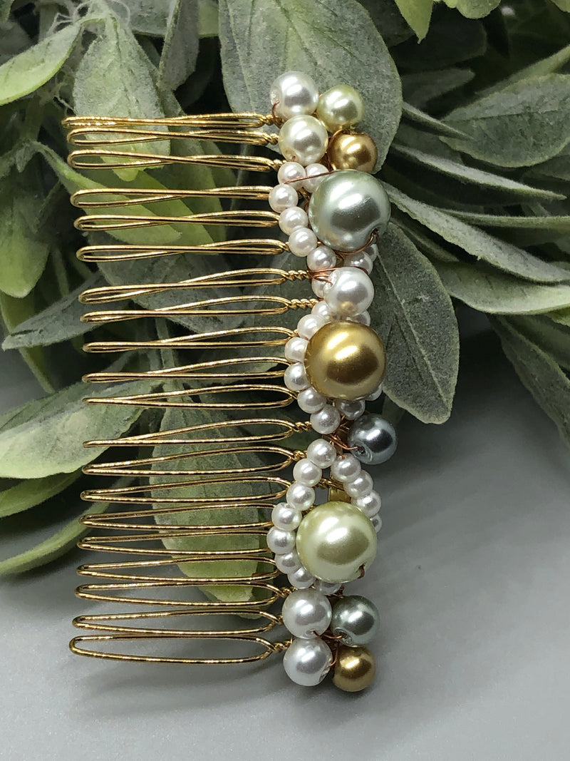 White Gold Gray Metallic Beaded Hair Comb 3.5'' Gold Tone  Comb Retro Bridal Prom Wedding Party