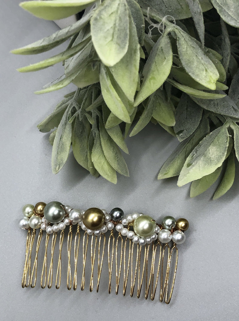 White Gold Gray Metallic Beaded Hair Comb 3.5'' Gold Tone  Comb Retro Bridal Prom Wedding Party