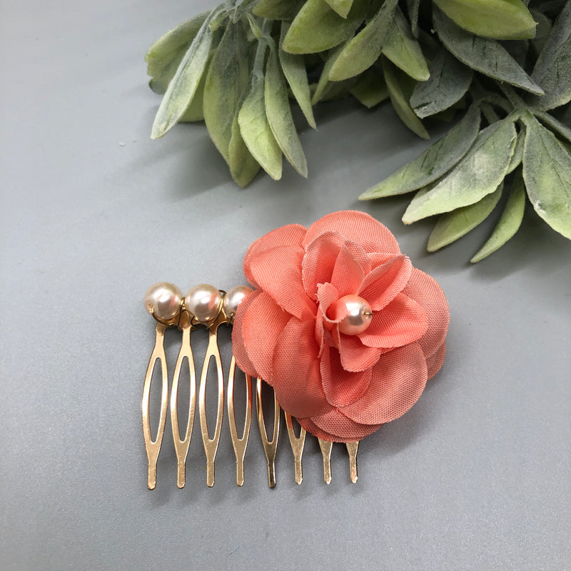 Peach Flower Beige Cream Beads 2.0' Metal Side Comb Retro Vintage Style 1 pc