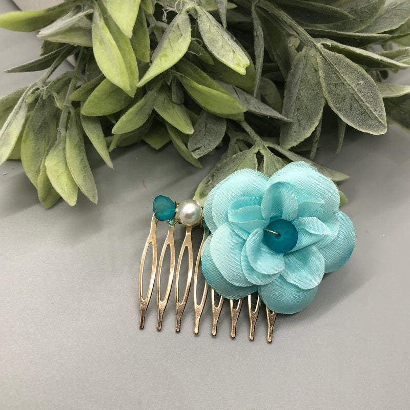 Baby Teal Flower Teal White  Beads 2.0' Metal Side Comb Retro Vintage Style 1 pc