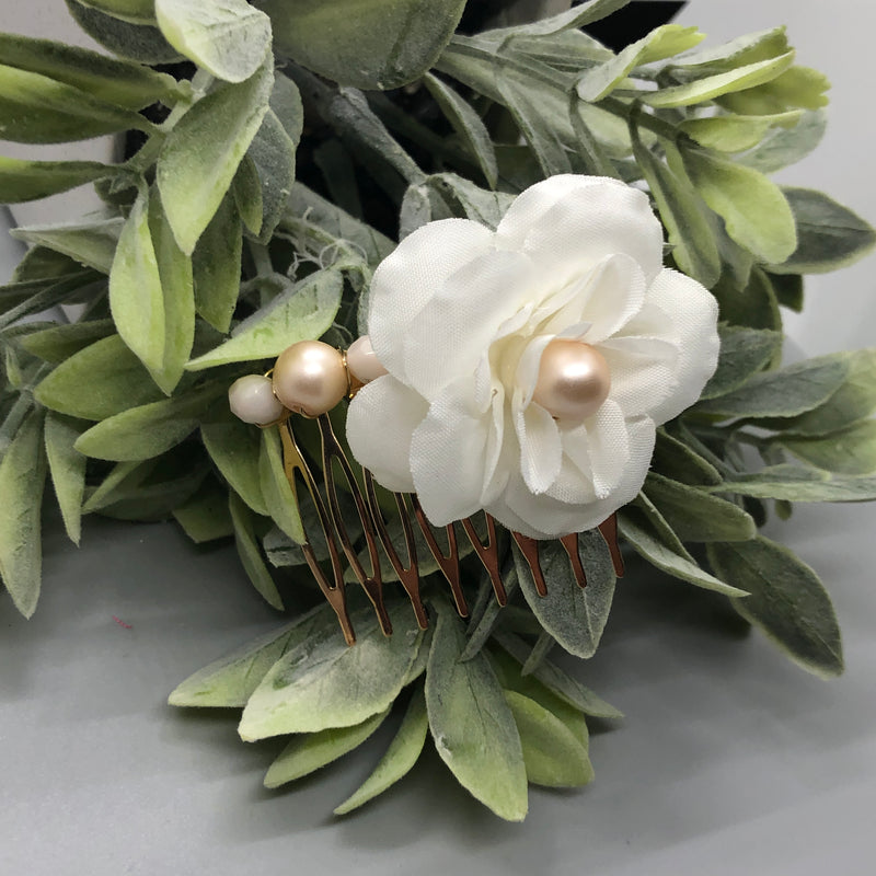 White Flower Cream Beige Beads 2.0' Metal Side Comb Retro Vintage Style 1 pc