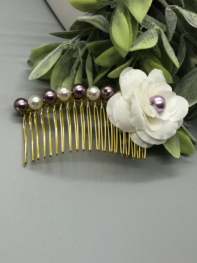 White Flower Purple White Metallic Beads 3.5' Metal Side Comb Retro Vintage Style 1 pc