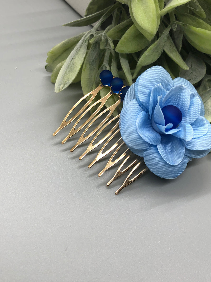 Baby Blue Flower Navy Beads 2.0' Metal Side Comb Retro Vintage Style 1 pc